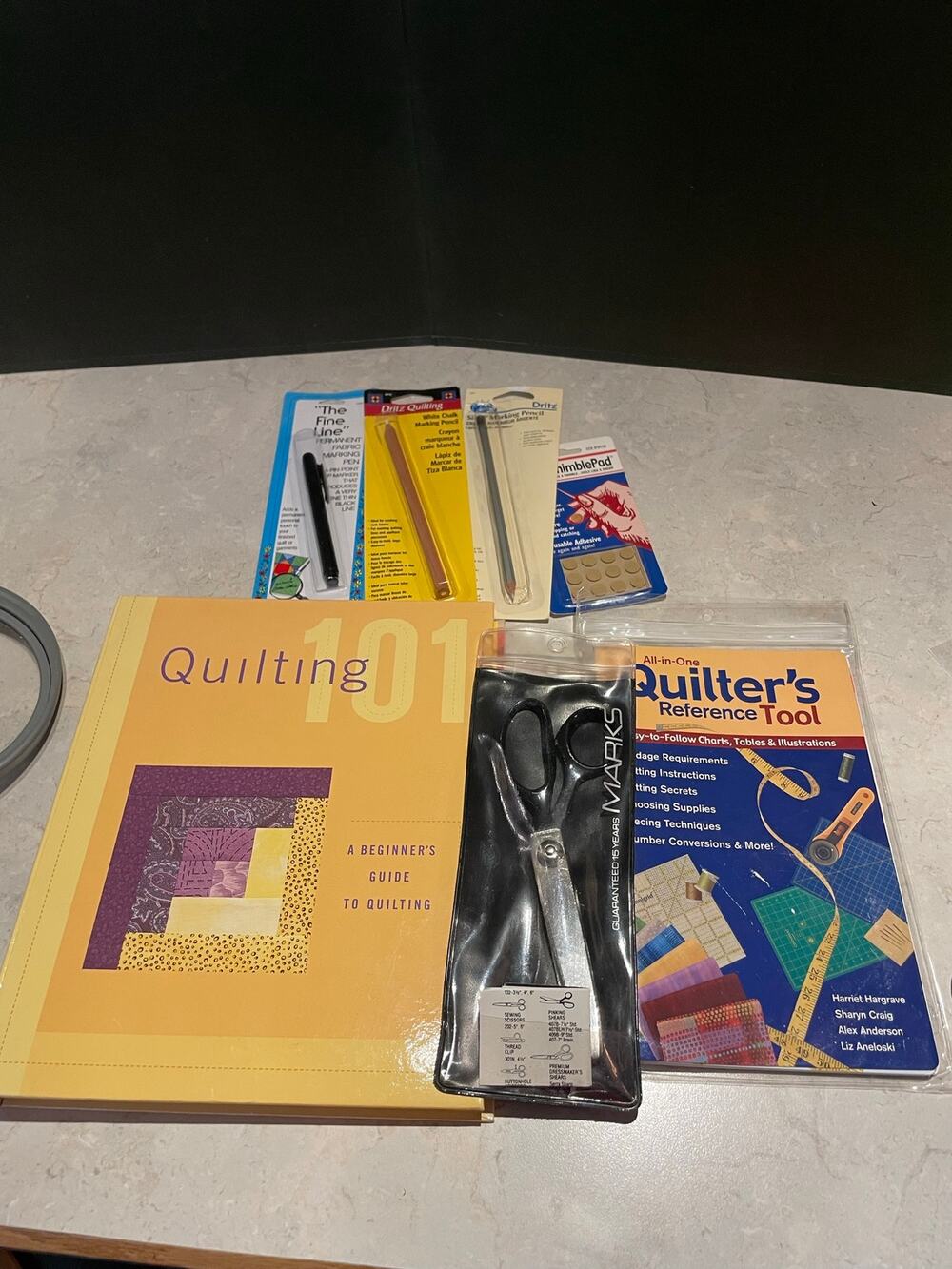 Lot quilting items. 2 books, marks pencils-pen, thimble pad Marks Pinking Shear